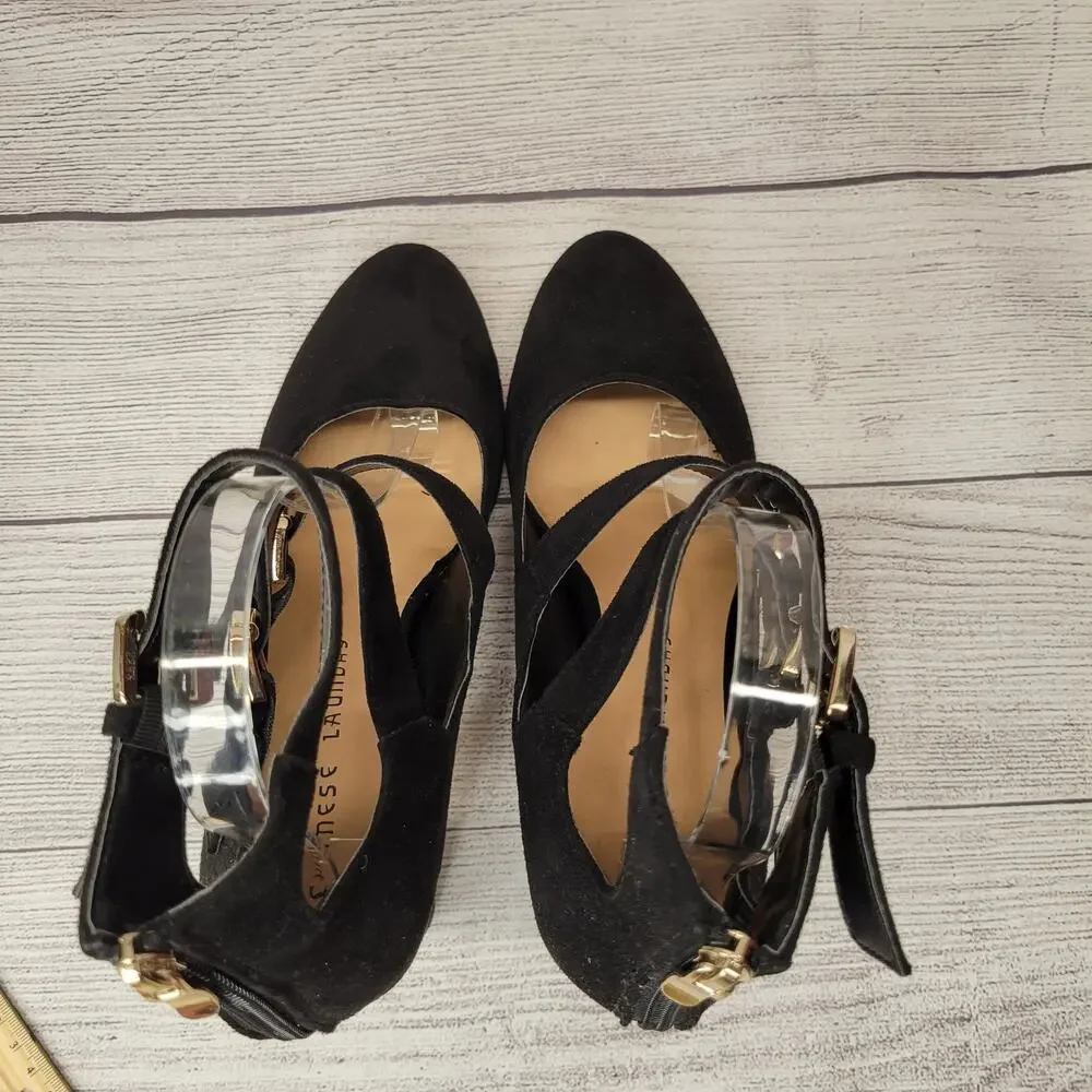 Chinese Laundry Black Suede Three Strap Mary Jane Pumps, 8.5